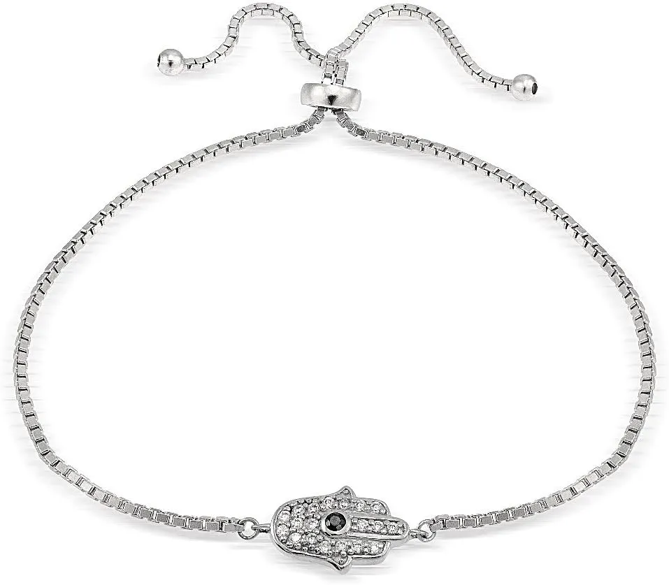 Hoops & Loops Sterling Silver Cubic Zirconia Hamsa Hand Adjustable Bracelet