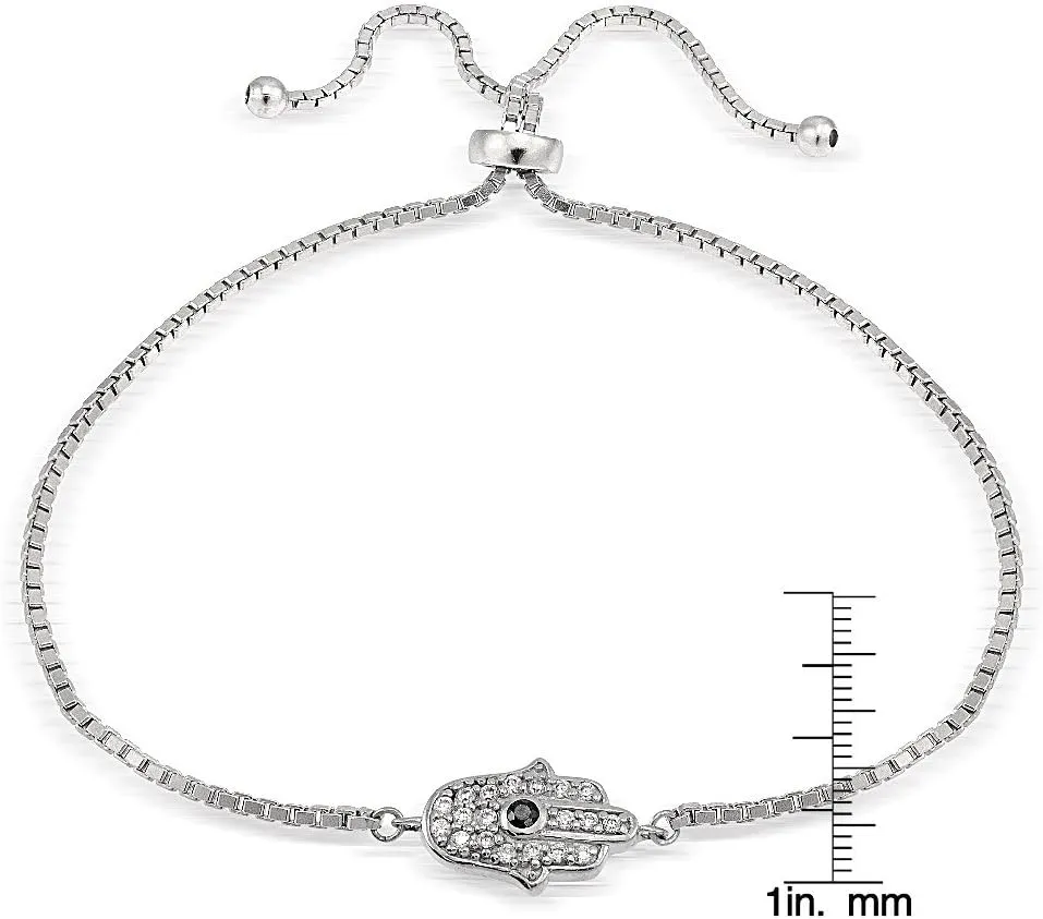 Hoops & Loops Sterling Silver Cubic Zirconia Hamsa Hand Adjustable Bracelet