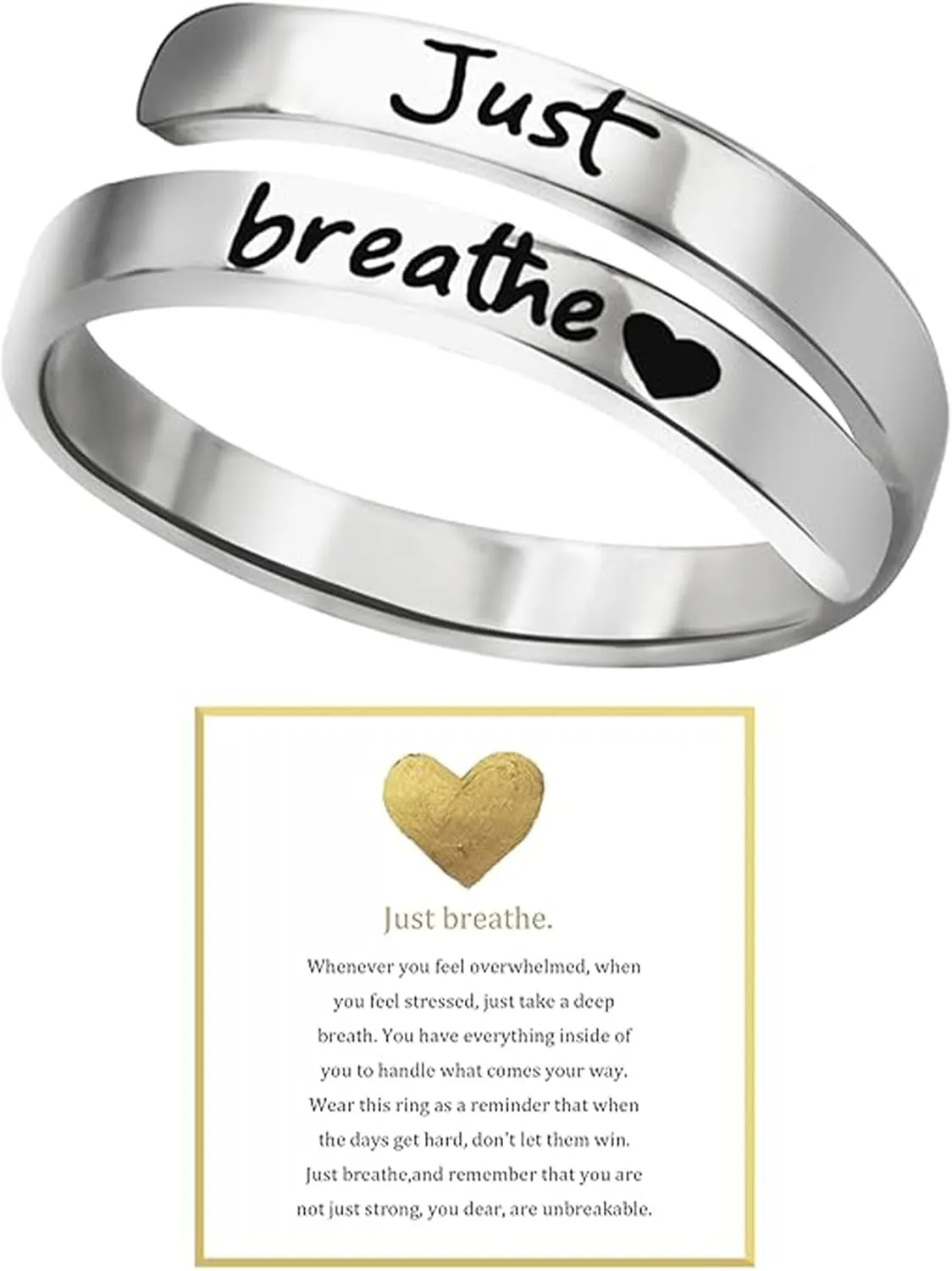 HUASAI Just Breathe Rings for Women Adjustable Heart Promise Ring Inspirational Healing Jewelry Gifts