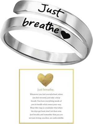 HUASAI Just Breathe Rings for Women Adjustable Heart Promise Ring Inspirational Healing Jewelry Gifts
