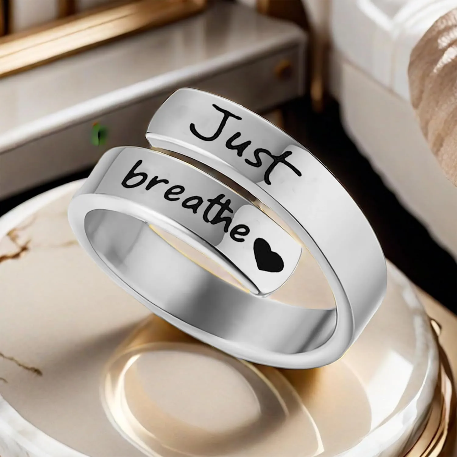 HUASAI Just Breathe Rings for Women Adjustable Heart Promise Ring Inspirational Healing Jewelry Gifts