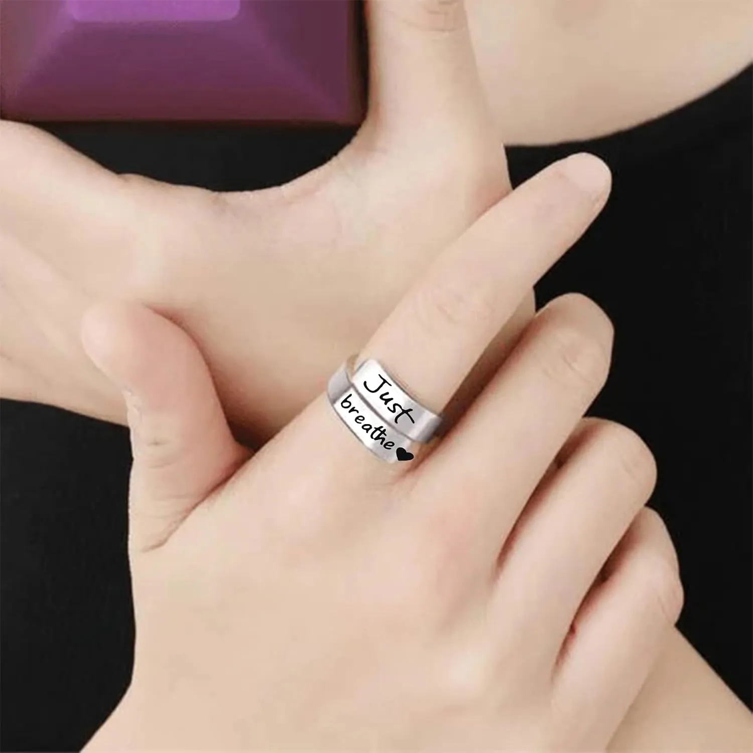 HUASAI Just Breathe Rings for Women Adjustable Heart Promise Ring Inspirational Healing Jewelry Gifts