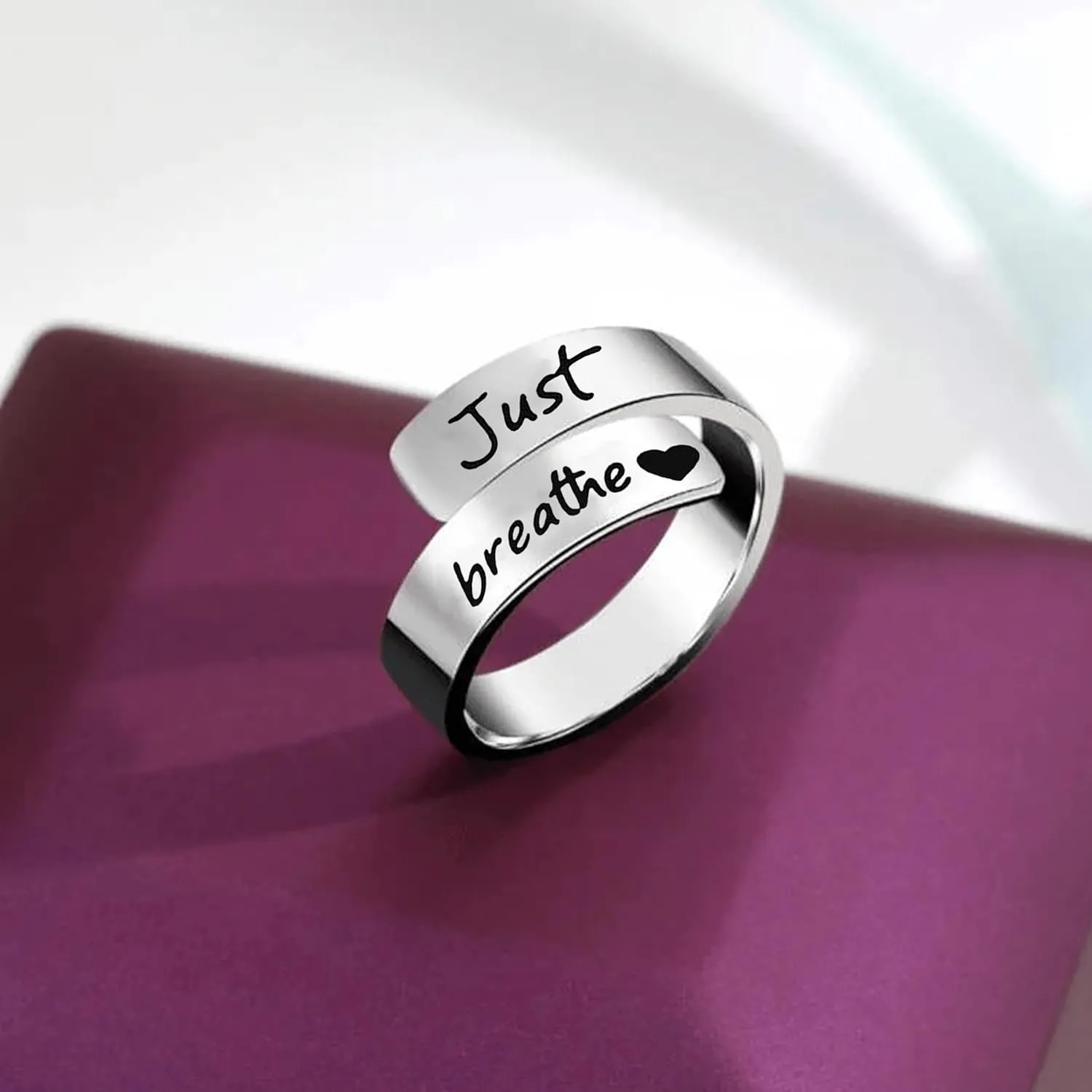 HUASAI Just Breathe Rings for Women Adjustable Heart Promise Ring Inspirational Healing Jewelry Gifts