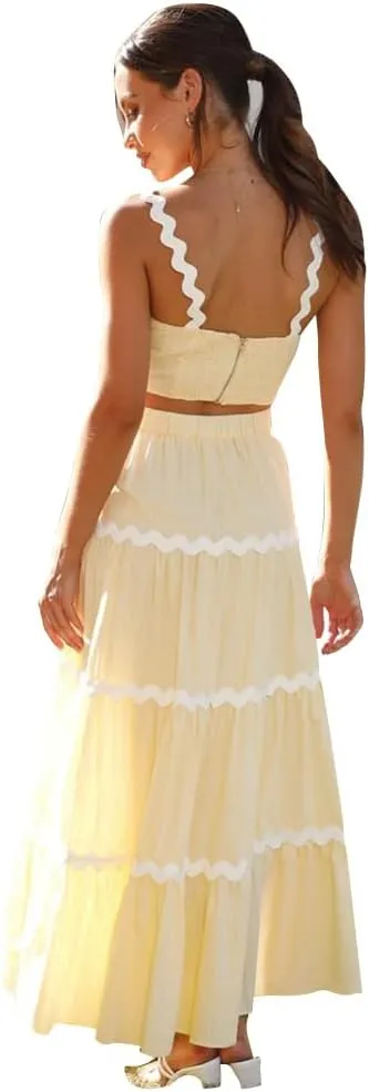 IDOPIP Women Boho Summer Camisole Top with Tiered Flowy Maxi Skirt Casual Contrast Rickrack Trim Spaghetti Straps 2PCS Outfit