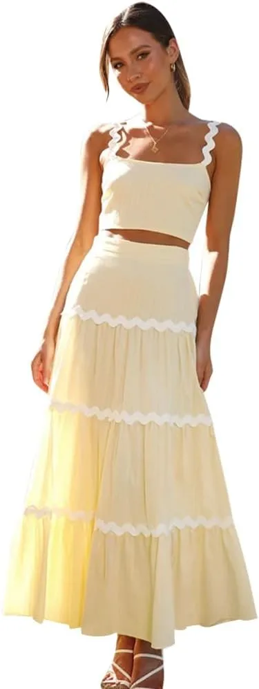 IDOPIP Women Boho Summer Camisole Top with Tiered Flowy Maxi Skirt Casual Contrast Rickrack Trim Spaghetti Straps 2PCS Outfit
