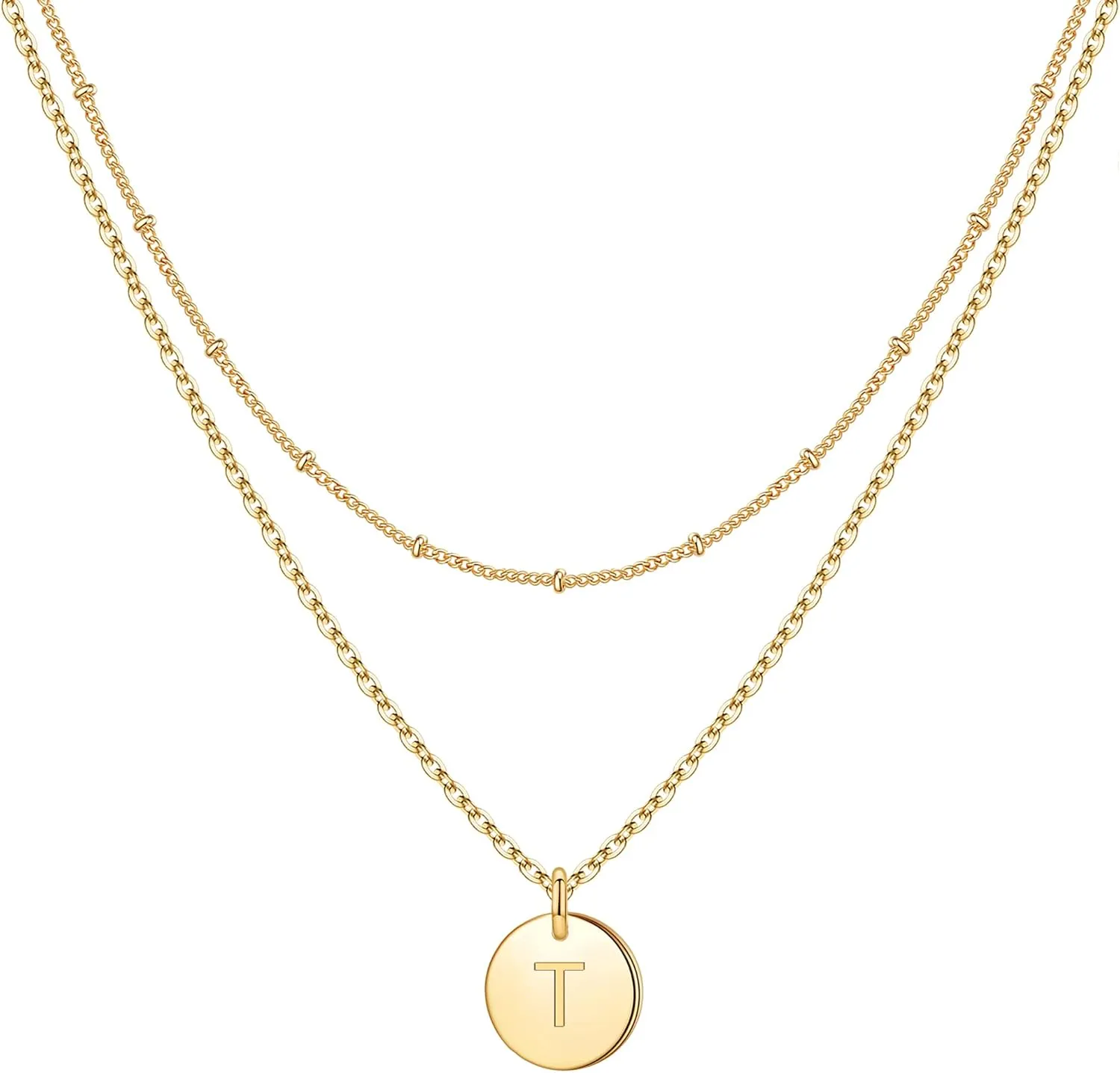 IEFWELL Initial Necklaces for Women Girls - Gold Silver Rose Gold Double Side Engraved Hammered Coin Necklaces, Layered Necklace Jewelry Pendant for Teen Girls