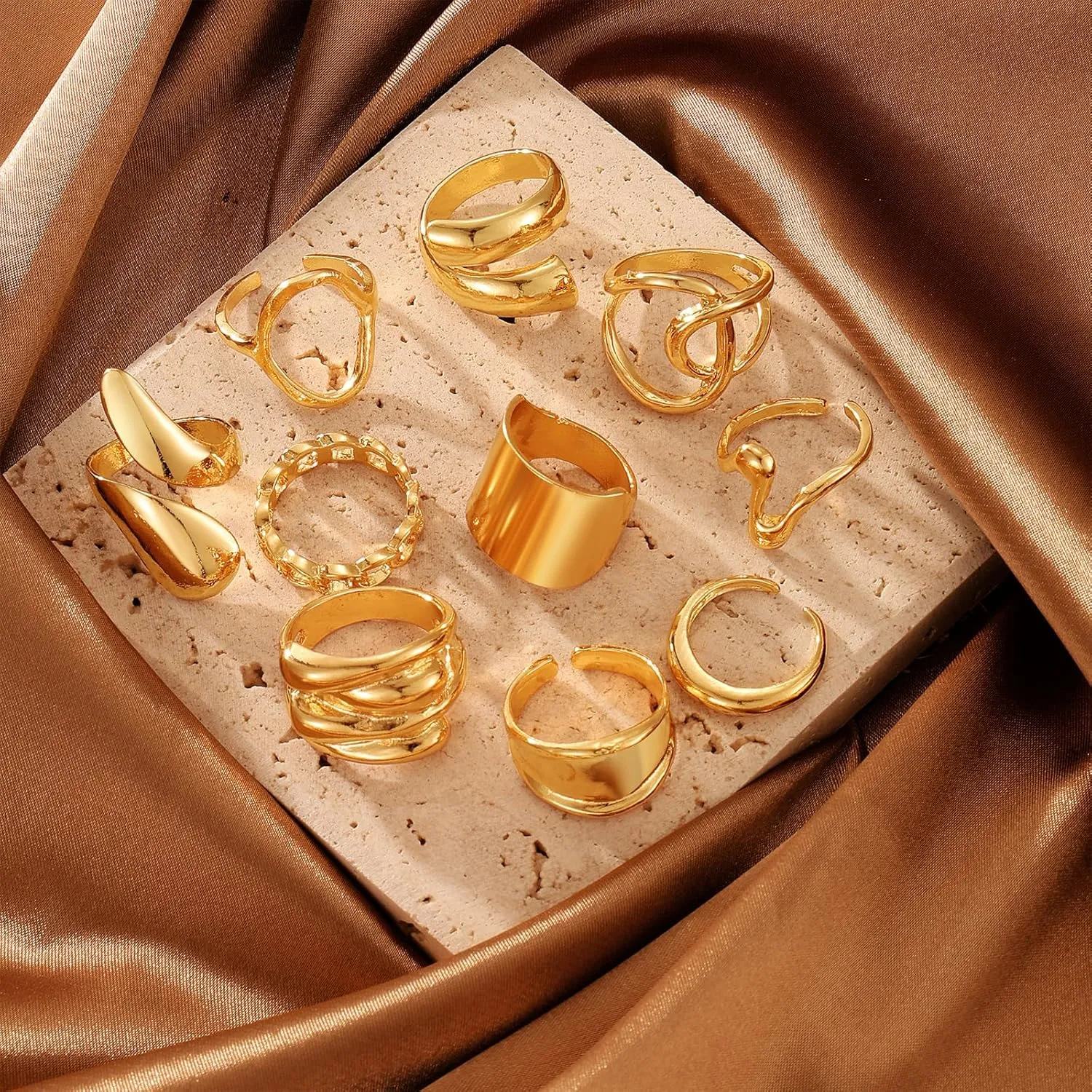 IFKM Gold Chunky Rings Set for Women 14k Gold Plated Thick Dome Stackable Open Rings Trendy Dainty Minimalist Jewelry Gifts