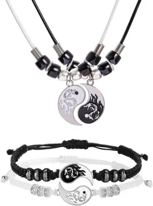 INENIMARTJ 4Pcs Yin Yang Matching Dragon Bracelet Necklaces Set for Women Men,Yin Yang Couple Bracelet Pendant Necklaces for Bff Best Friend