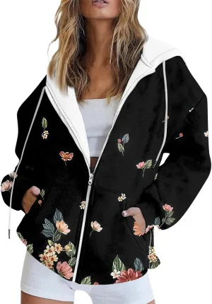 Jackets for Women 2024 Fall Winter Womens Hooded Zipper Drawstring Sweatshirts Trendy Outwear Warm Coats with Pockets