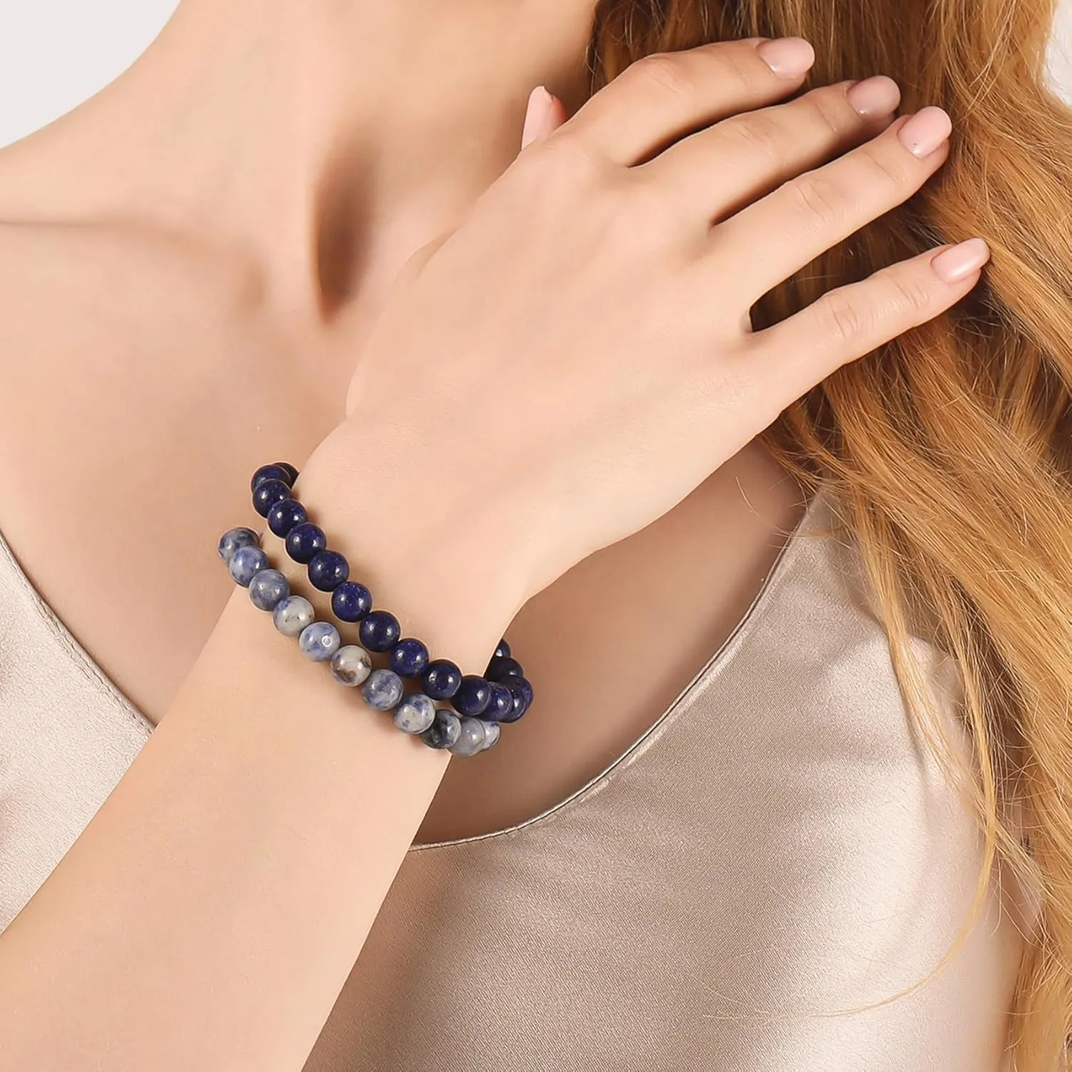 Jardme Healing Stone Bracelets for Women, 8mm Beaded Bracelets Anxiety Lapis Lazuli Bracelet Stretch Trend Yoga Bracelet, Birthday Gifts for Women