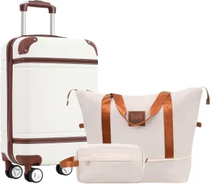 JCSD Durable Hardshell Carry-On Luggage Set with Travel Bags, 20 Inch Suitcase with Double Spinner Wheels, White