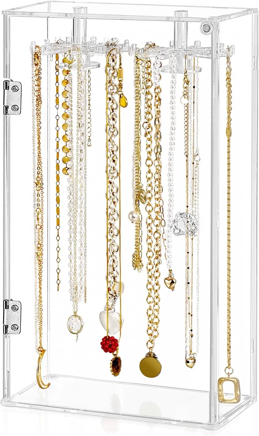 Jenseits Necklace Holder Organizer, Acrylic Jewelry Holder Stand, Rotation Clear Jewelry Storage Hanging W/ 24 Hooks, Dustproof Long Necklaces Pendant Bracelets Display Case Box Gift for Women, Girls