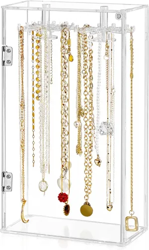 Jenseits Necklace Holder Organizer, Acrylic Jewelry Holder Stand, Rotation Clear Jewelry Storage Hanging W/ 24 Hooks, Dustproof Long Necklaces Pendant Bracelets Display Case Box Gift for Women, Girls