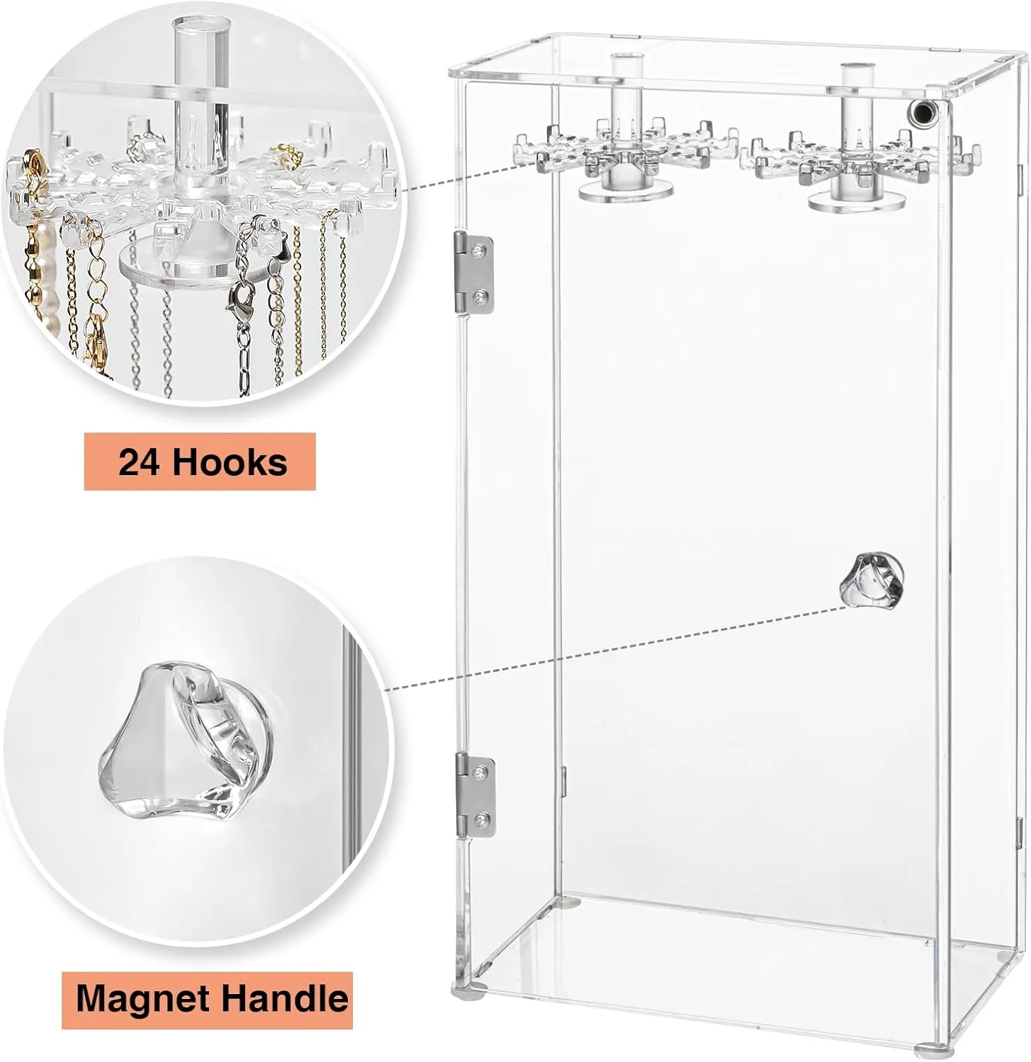 Jenseits Necklace Holder Organizer, Acrylic Jewelry Holder Stand, Rotation Clear Jewelry Storage Hanging W/ 24 Hooks, Dustproof Long Necklaces Pendant Bracelets Display Case Box Gift for Women, Girls