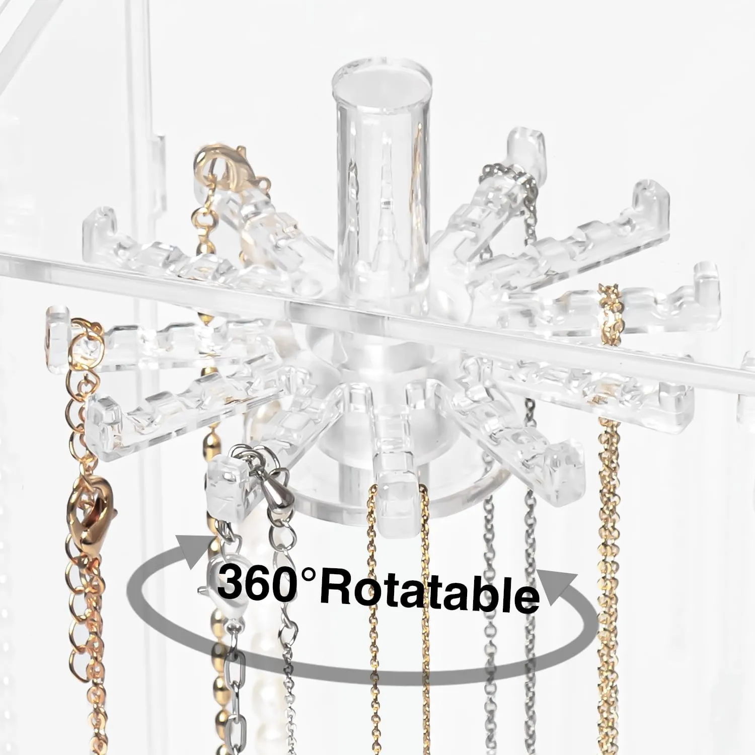 Jenseits Necklace Holder Organizer, Acrylic Jewelry Holder Stand, Rotation Clear Jewelry Storage Hanging W/ 24 Hooks, Dustproof Long Necklaces Pendant Bracelets Display Case Box Gift for Women, Girls