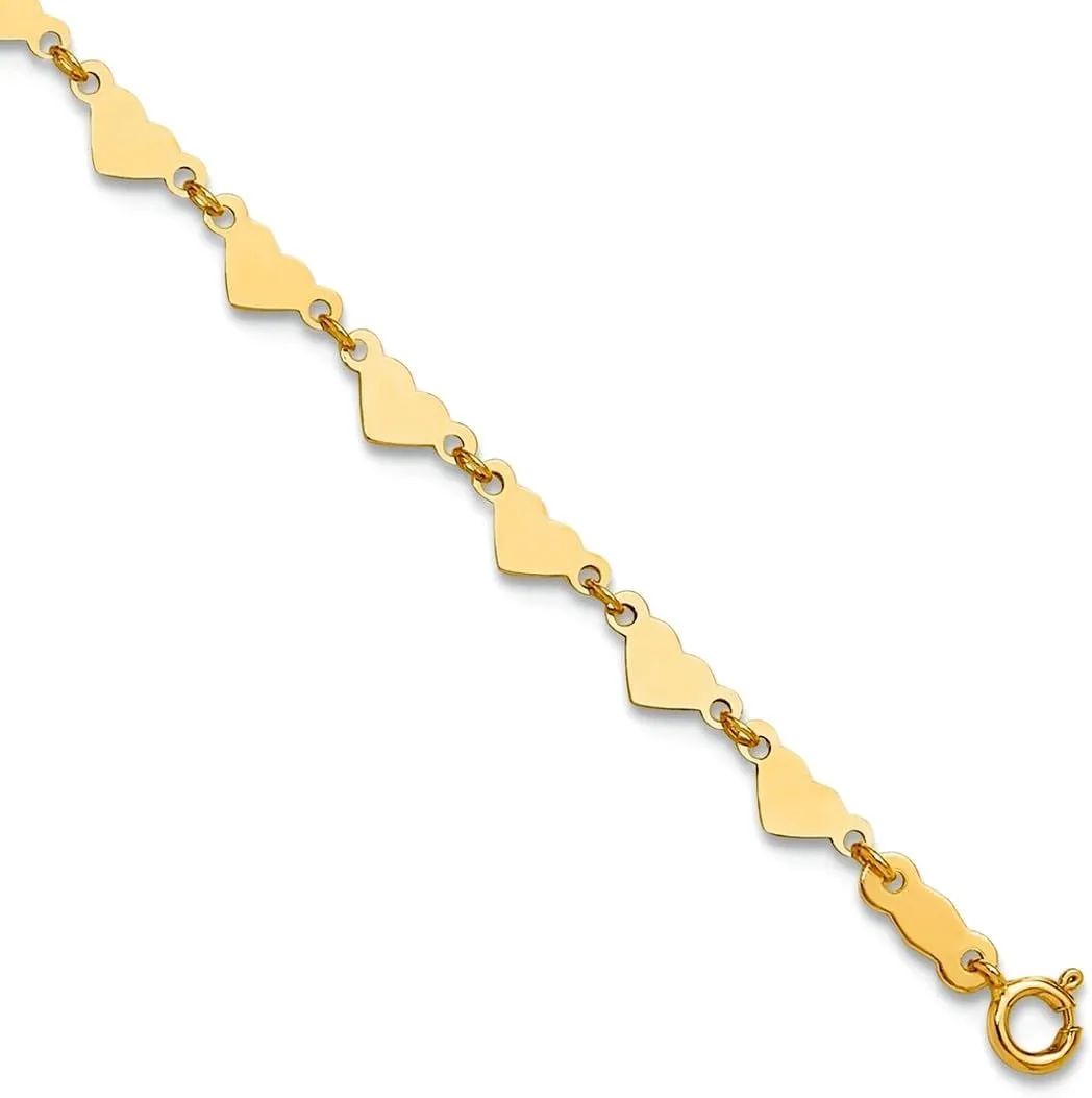 JewelryWeb 14k Gold Oval Link Chain With Love Hearts Plus 1in Ext Anklet 1mm Wide-Anklet for Women and Men