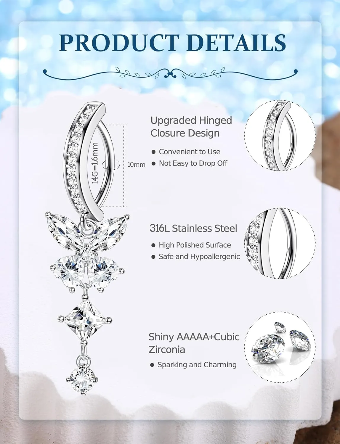 JOERICA 6 Pcs 14G Clicker Belly Button Ring for Women 316L Surgical Steel Butterfly Snake Evil Eye Heart CZ Opal Dangle Belly Button Rings Simple Reverse Navel Rings Body Belly Piercing Jewelry