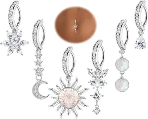 JOERICA 6 Pcs 14G Clicker Belly Button Ring for Women 316L Surgical Steel Butterfly Snake Evil Eye Heart CZ Opal Dangle Belly Button Rings Simple Reverse Navel Rings Body Belly Piercing Jewelry