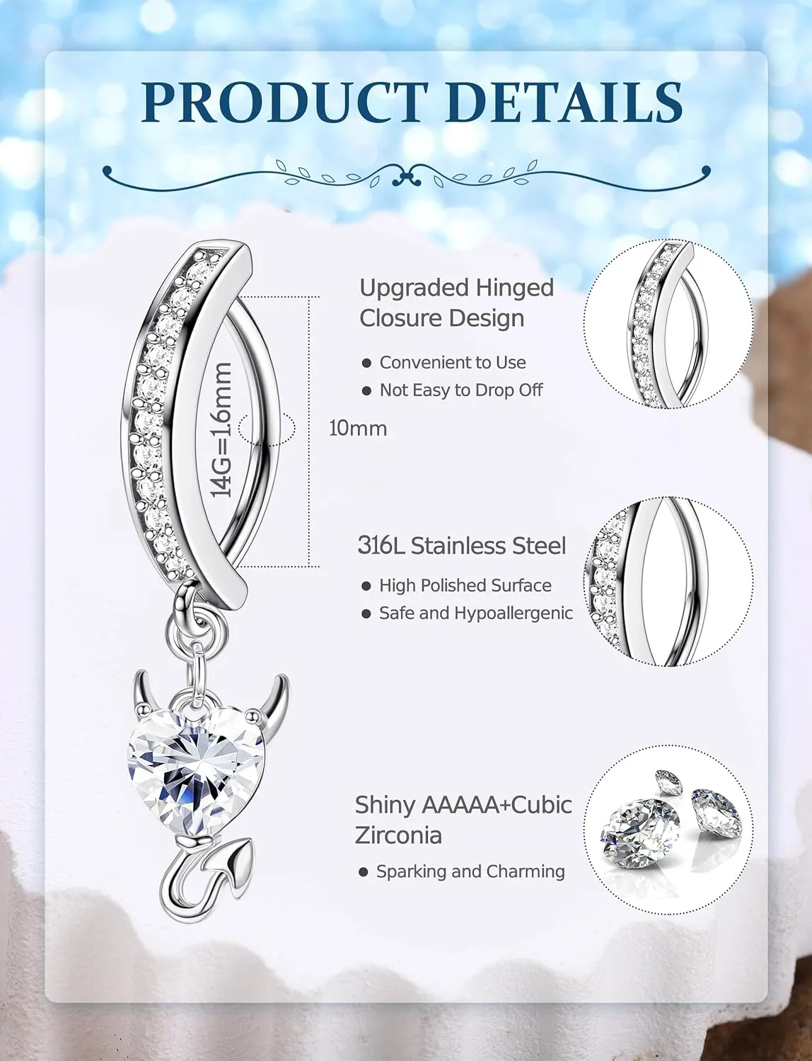 JOERICA 6 Pcs 14G Clicker Belly Button Ring for Women 316L Surgical Steel Butterfly Snake Evil Eye Heart CZ Opal Dangle Belly Button Rings Simple Reverse Navel Rings Body Belly Piercing Jewelry