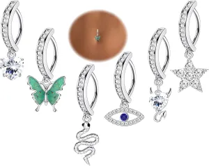 JOERICA 6 Pcs 14G Clicker Belly Button Ring for Women 316L Surgical Steel Butterfly Snake Evil Eye Heart CZ Opal Dangle Belly Button Rings Simple Reverse Navel Rings Body Belly Piercing Jewelry
