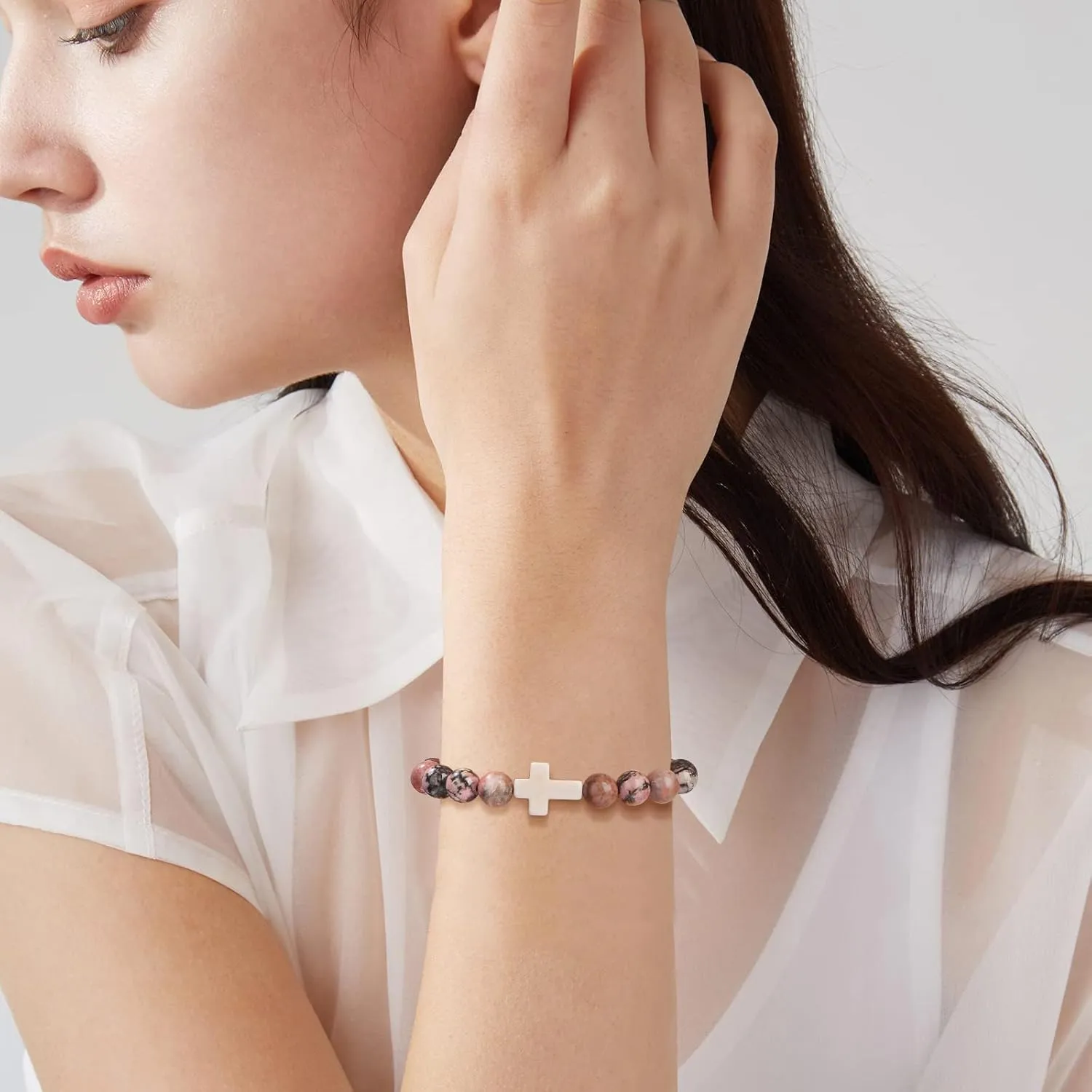 JoycuFF Christian Bracelets for Women Cross Bracelets for Religious Women Easter Catholic Natural Stone Bracelets Christian Jewelry Faith Communion Baptism Gifts