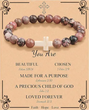 JoycuFF Christian Bracelets for Women Cross Bracelets for Religious Women Easter Catholic Natural Stone Bracelets Christian Jewelry Faith Communion Baptism Gifts