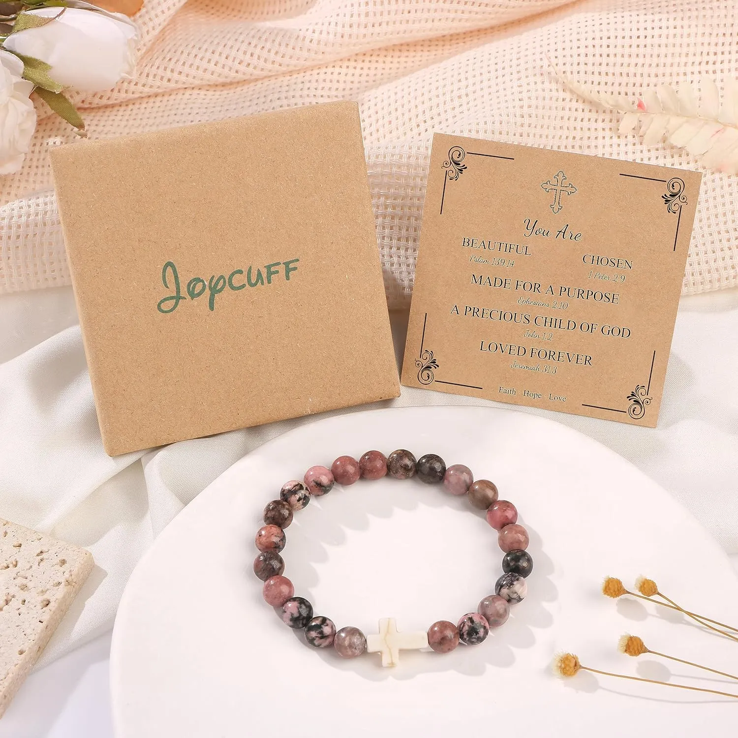 JoycuFF Christian Bracelets for Women Cross Bracelets for Religious Women Easter Catholic Natural Stone Bracelets Christian Jewelry Faith Communion Baptism Gifts
