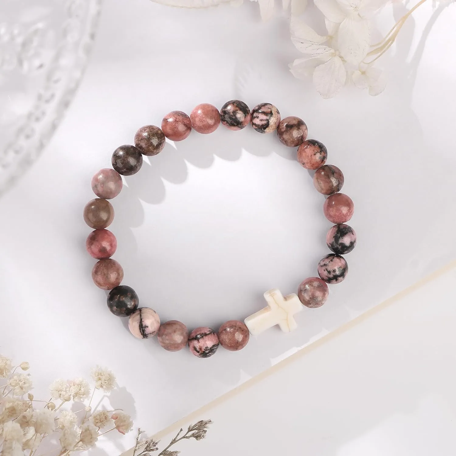 JoycuFF Christian Bracelets for Women Cross Bracelets for Religious Women Easter Catholic Natural Stone Bracelets Christian Jewelry Faith Communion Baptism Gifts