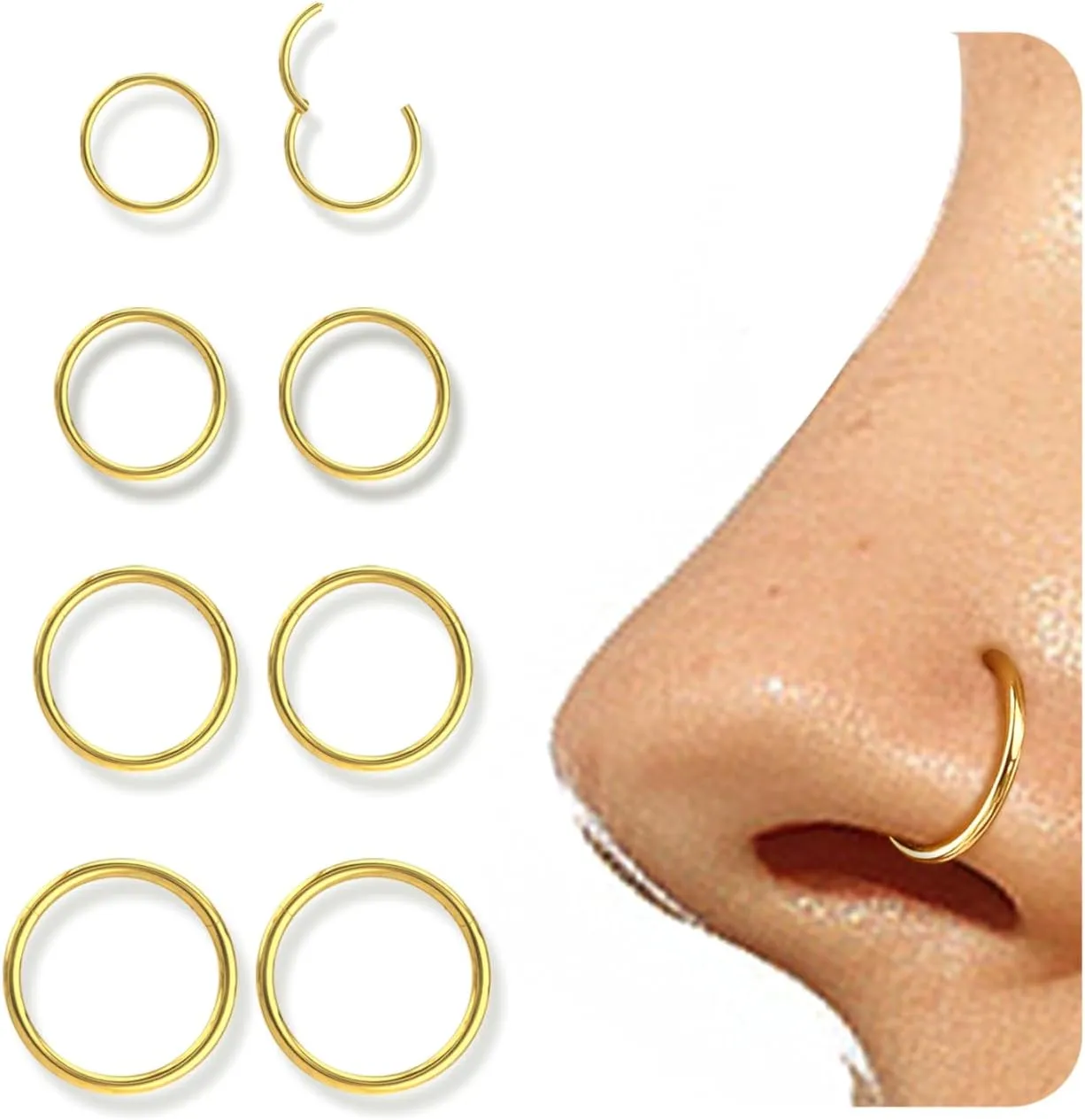 Jstyle 8 Pcs 16G 316L Surgical Steel Nose Rings Hoops Septum Rings Lip Rings Hypoallergenic Nose Clicker Ring Tragus Helix Cartilage Daith Rook Sleeper Earring Body Piercing Jewerly for Women Men