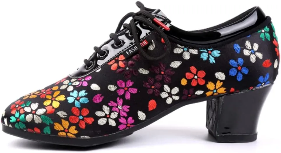 JUODVMP Women's Ballroom Dance Shoes Closed-Toe Lace-up Split-Sole Salsa Professional Practice Low Heel Dance Shoes