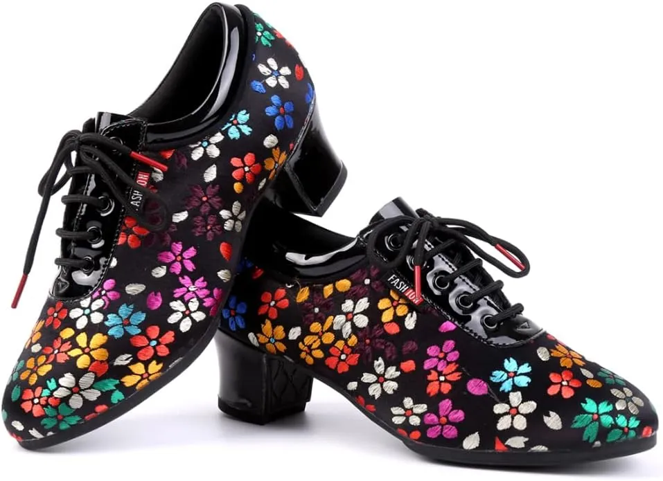 JUODVMP Women's Ballroom Dance Shoes Closed-Toe Lace-up Split-Sole Salsa Professional Practice Low Heel Dance Shoes