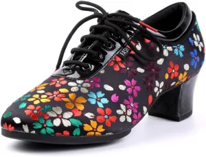 JUODVMP Women's Ballroom Dance Shoes Closed-Toe Lace-up Split-Sole Salsa Professional Practice Low Heel Dance Shoes