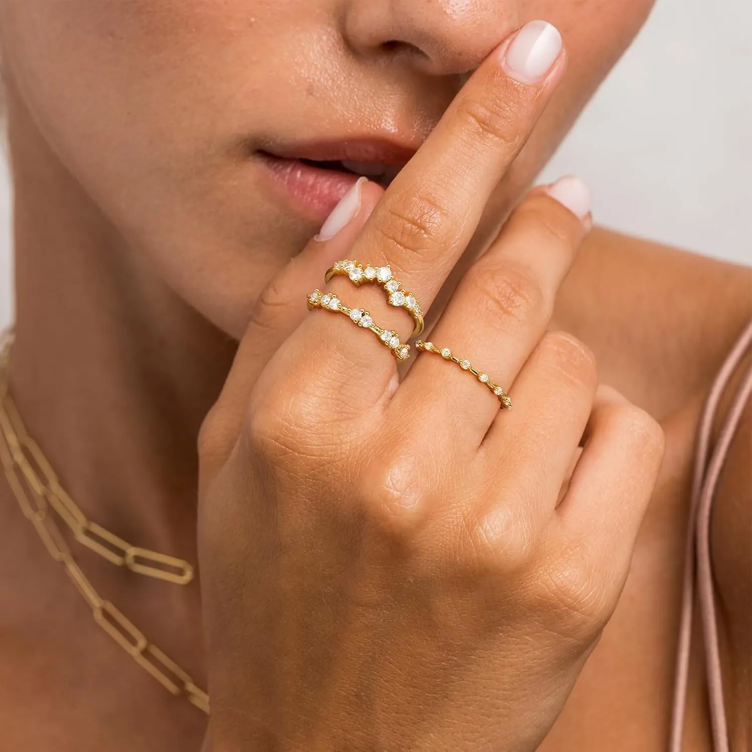 KAERUN Stackable Gold Rings for Women Non Tarnish Dainty 14K Gold Plated Thin Cubic Zirconia Thumb Ring Set Stack Trendy Statement Promise Wedding Bands Engagement Rings for Women Size 6 7 8 9 10
