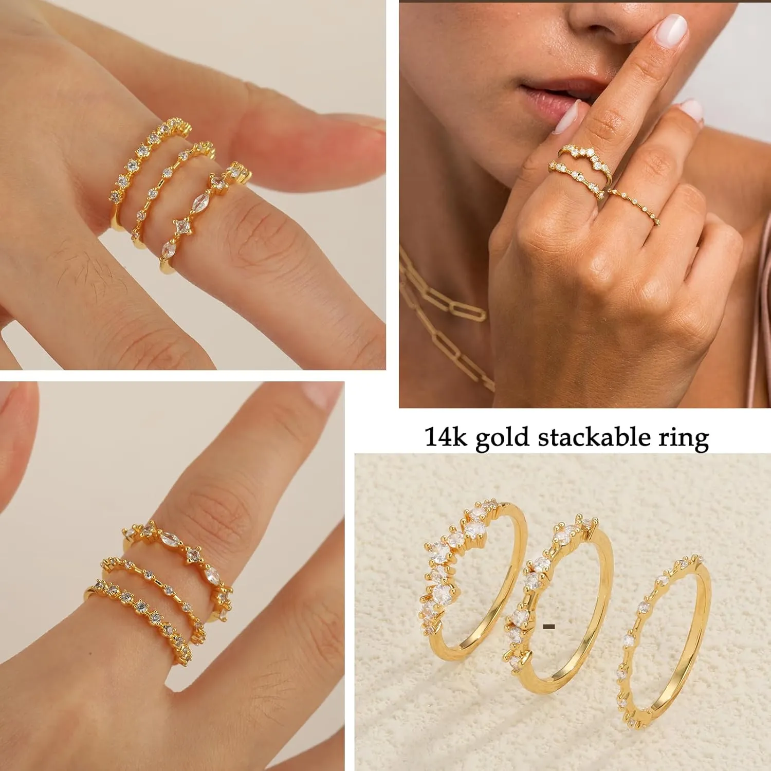 KAERUN Stackable Gold Rings for Women Non Tarnish Dainty 14K Gold Plated Thin Cubic Zirconia Thumb Ring Set Stack Trendy Statement Promise Wedding Bands Engagement Rings for Women Size 6 7 8 9 10