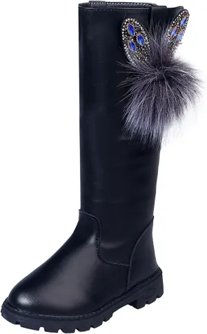 Kids Girls Knee High Heels Boots Leather Lace-Up Waterproof Side Zipper Boots Winter Combat Riding Boots
