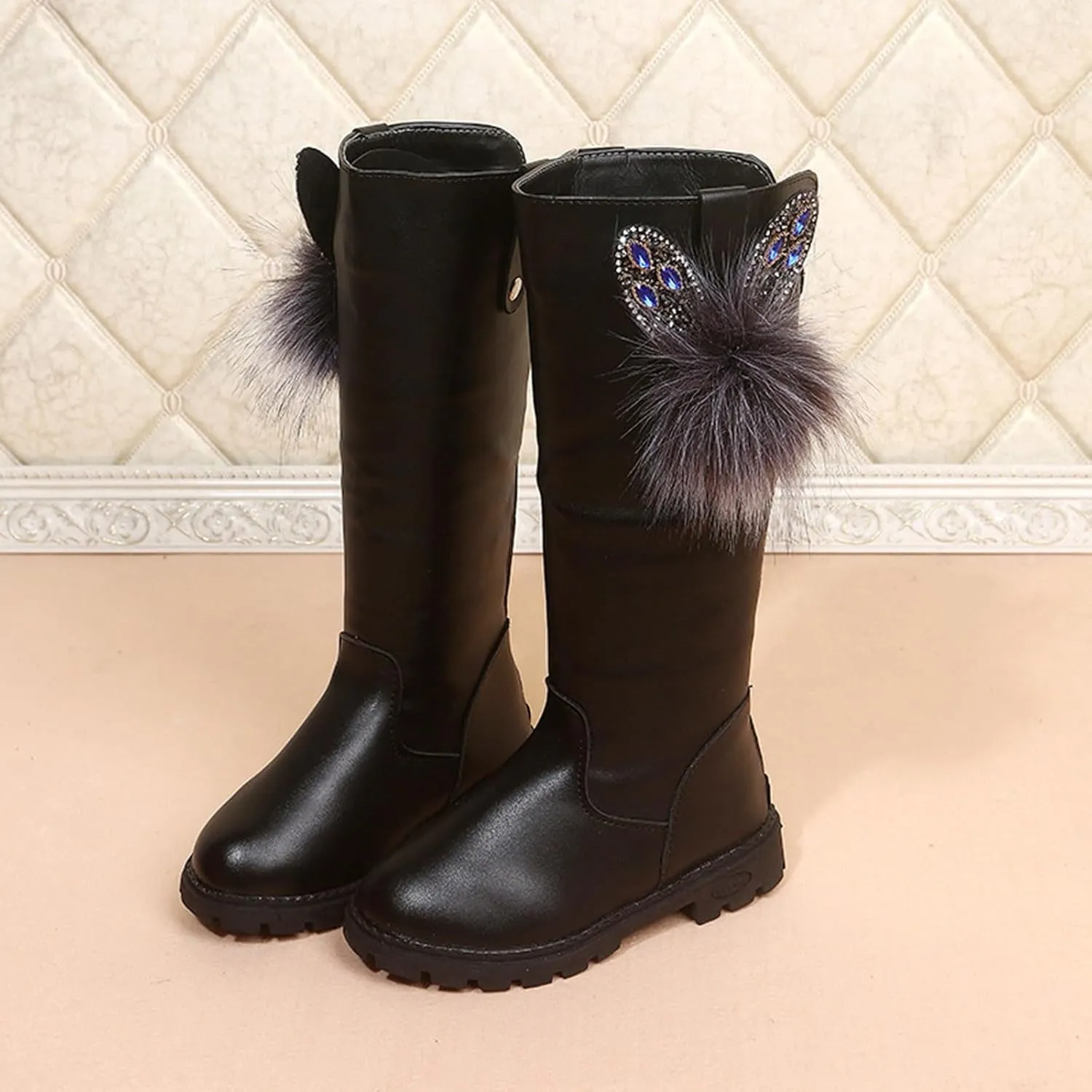 Kids Girls Knee High Heels Boots Leather Lace-Up Waterproof Side Zipper Boots Winter Combat Riding Boots