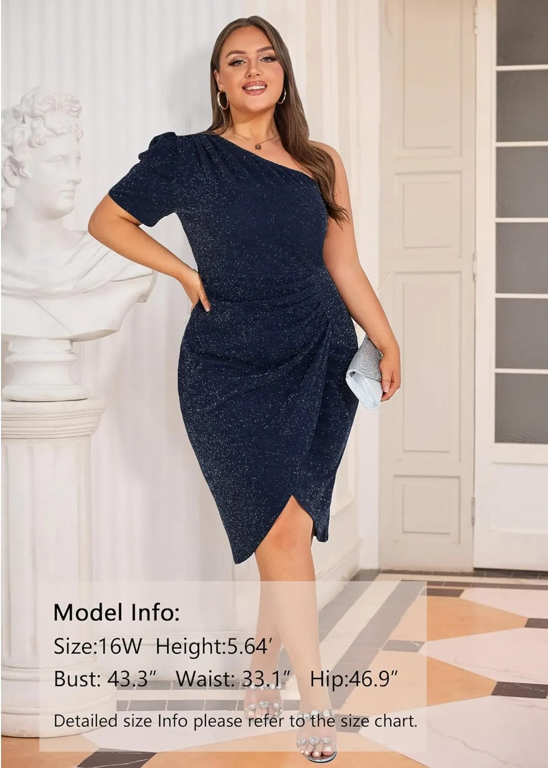 KIMCURVY Plus Size Women One Shoulder Ruched Wrap Cocktail Party Glitter Midi Dress