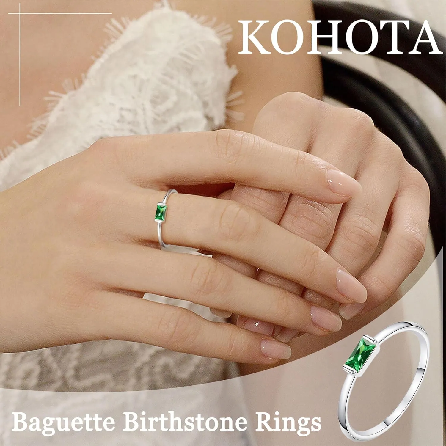 KOHOTA Silver Birthstone Rings for Women Dainty Stackable Engagement Wedding Promise Rings Non Tarnish CZ Emerald Green Gemstone Ring Mothers Birthday Gift Size 6-10