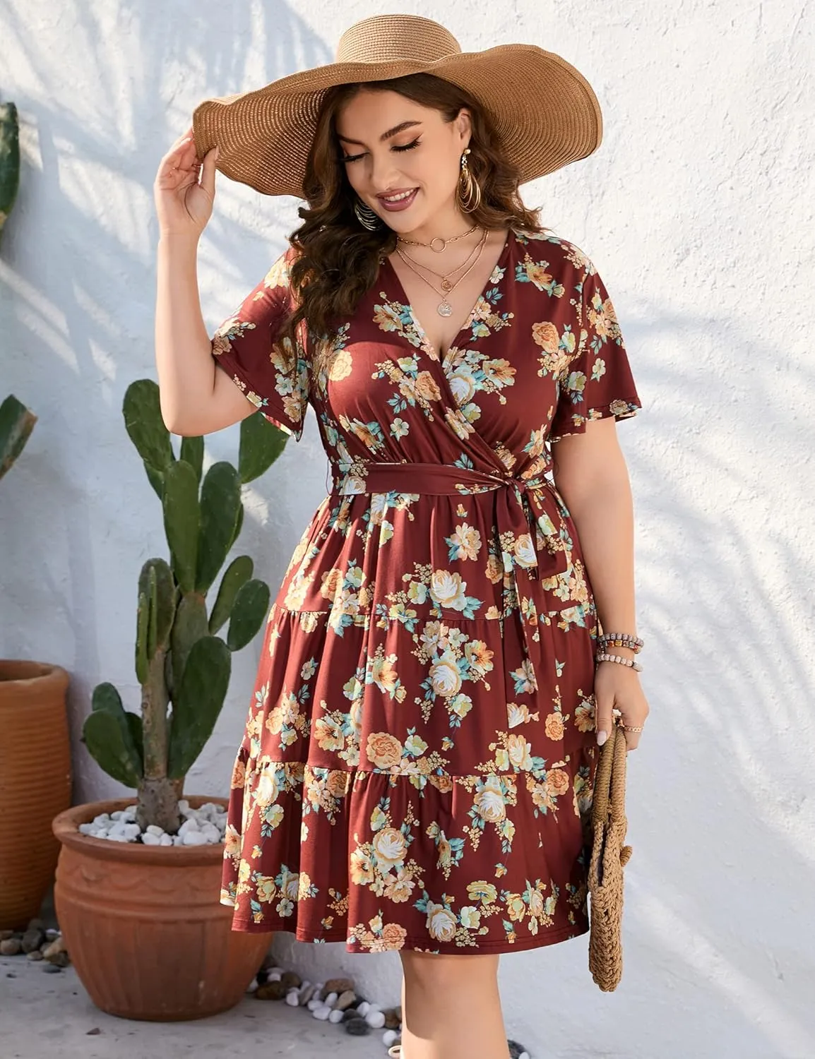 KOJOOIN Women Plus Size V Neck Wrap Dress High Waisted Short Sleeves Summer Casual Midi Dress with Belt