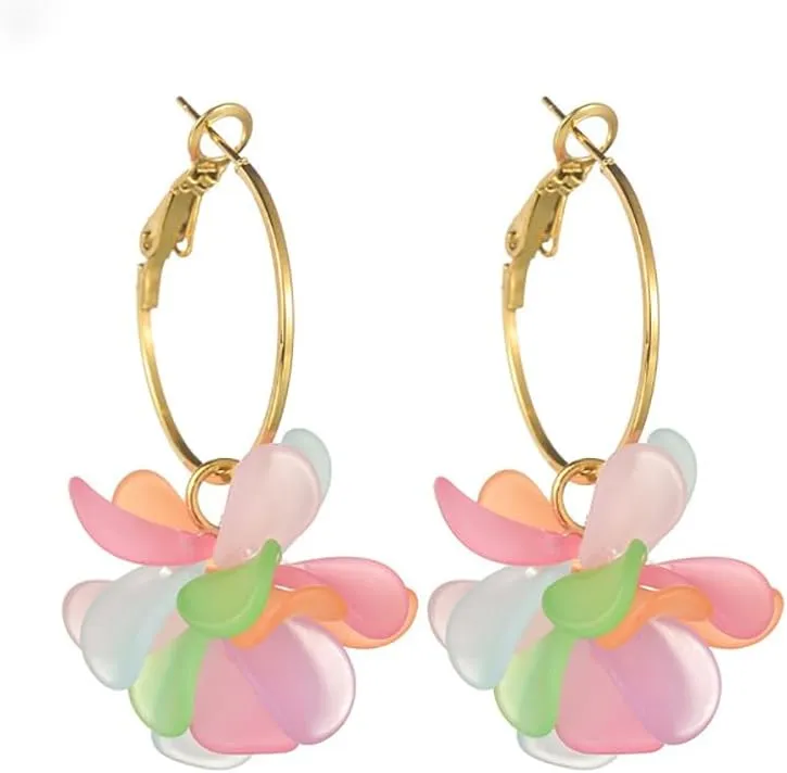 Kokoma Resin Flower Dangle Hoop Earrings for Women Gold Plated Stainless Steel Colorful Petals Floral Drop Huggie Hoops Statement Earrings Elegant Jewelry