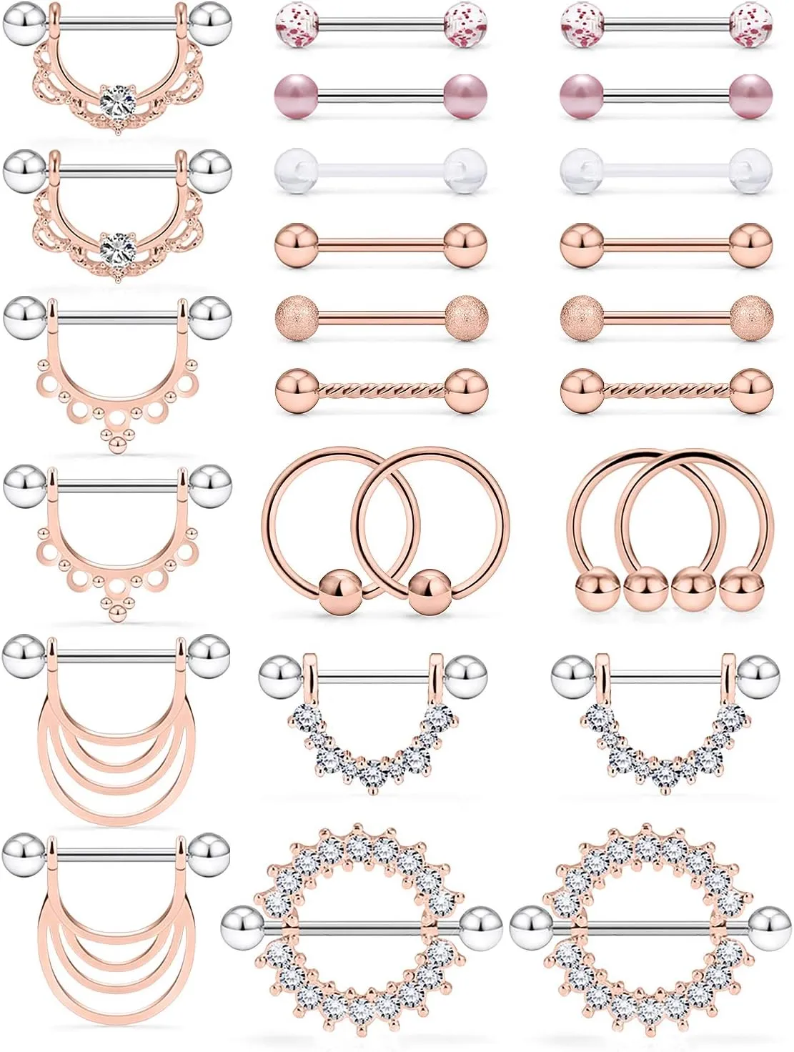 Kridzisw 14G Nipple Tongue Rings 6 Pairs Surgical Steel Nipple Nipplerings Shield Ring Barbell Bar Hoop Piercing Body Jewelry CZ Round Shape for Women