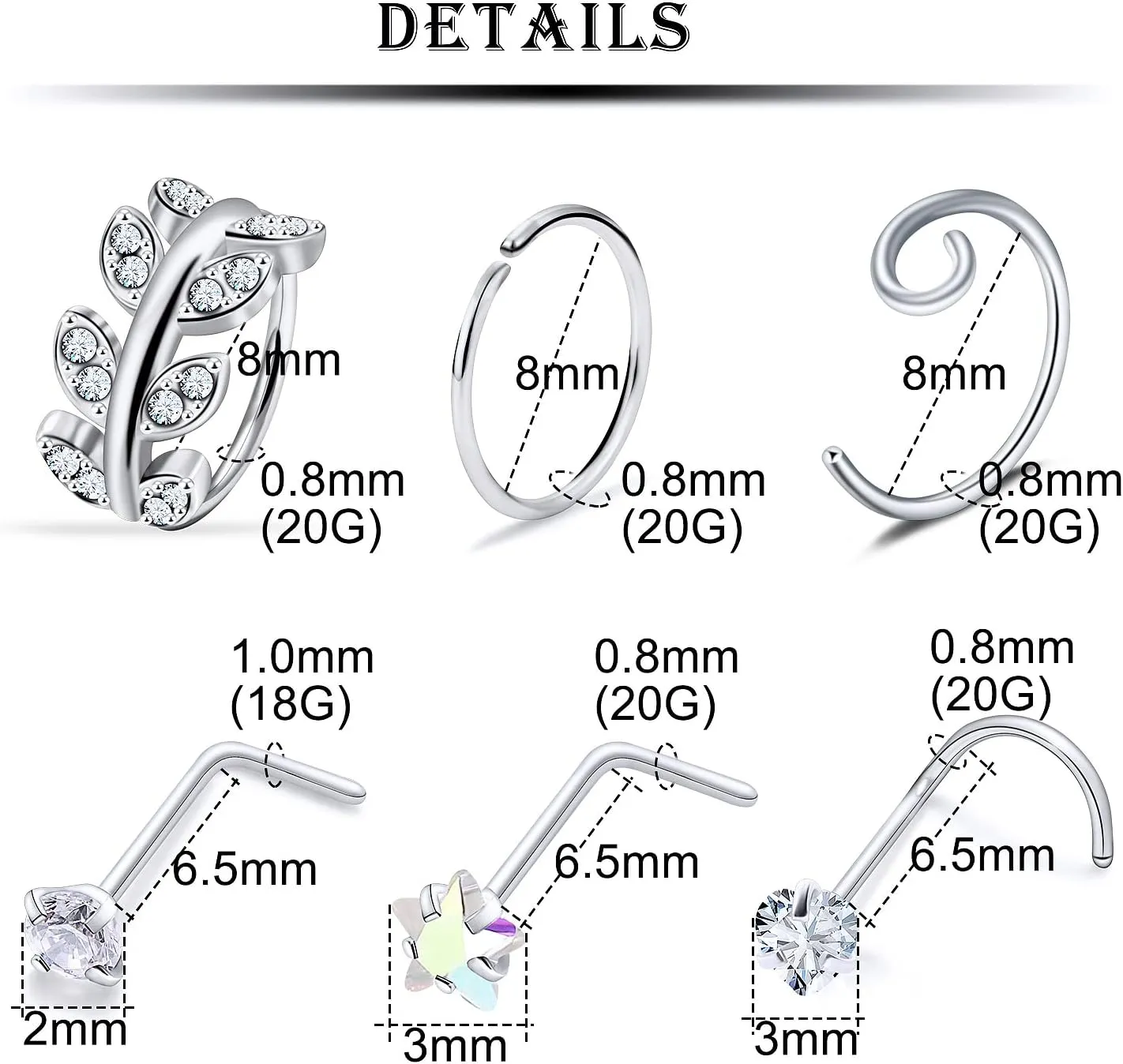 Kridzisw 18G 20G Nose Rings Studs Hypoallergenic 316L Surgical Steel L Shaped Screw Nose Rings Hoops Silver Heart Star Diamond Nose Piercing Jewelry for Women Men 42pcs