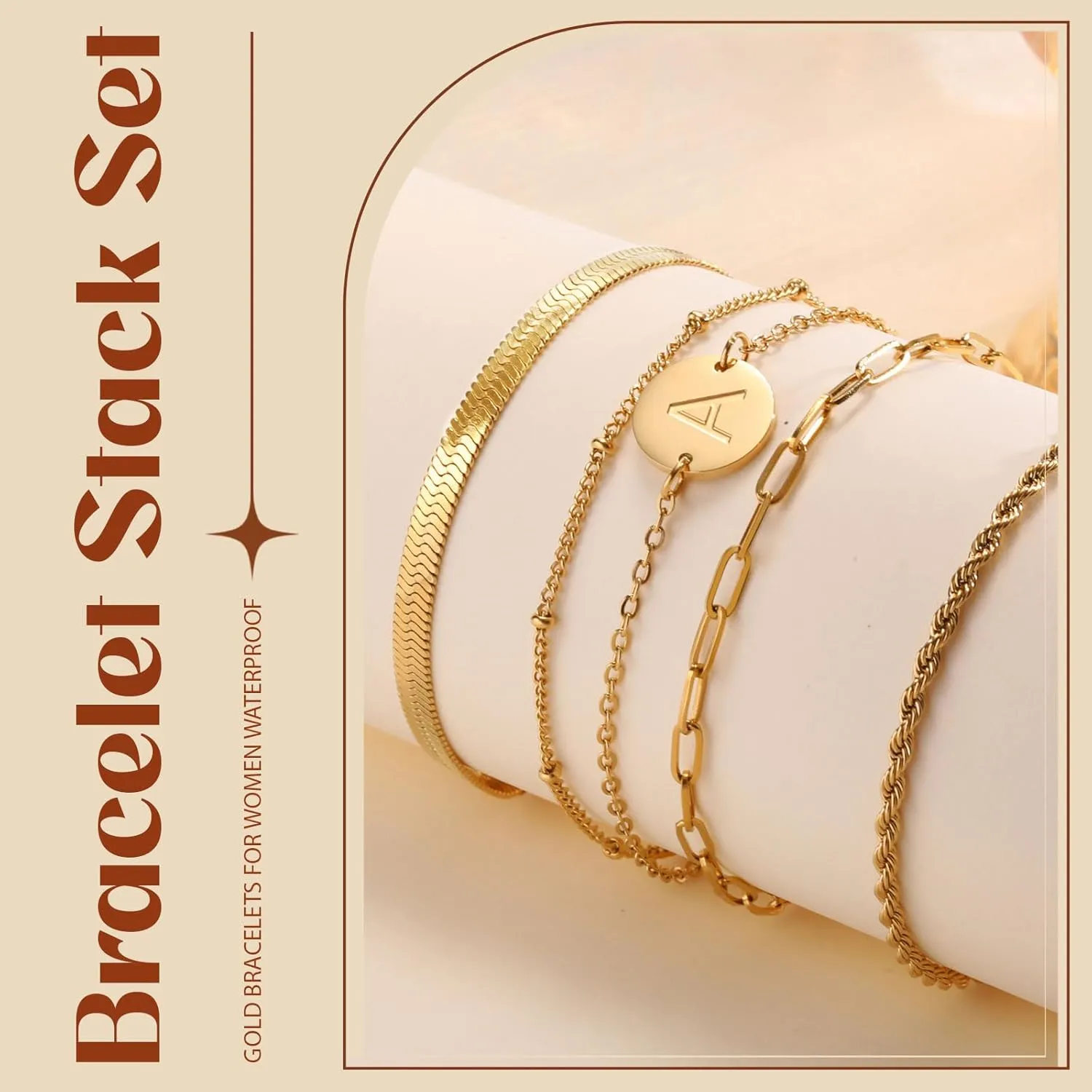 KSF Gold Bracelets for Women Stack - 14K Gold Plated Stackable Bracelets for Women Trendy Initial Bracelet Set Stack Cuban Link Paperclip Chain Jewelry Gifts