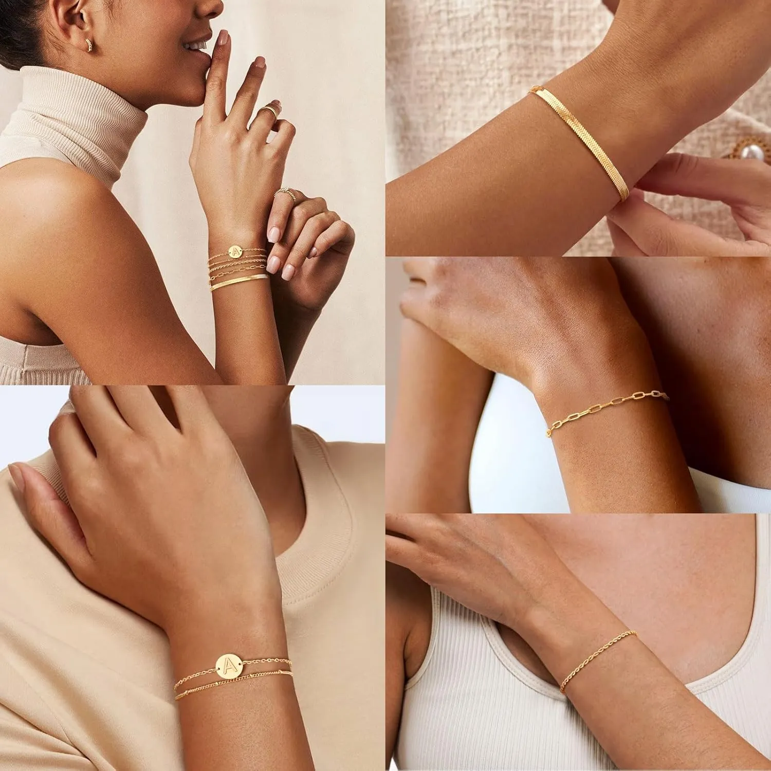KSF Gold Bracelets for Women Stack - 14K Gold Plated Stackable Bracelets for Women Trendy Initial Bracelet Set Stack Cuban Link Paperclip Chain Jewelry Gifts