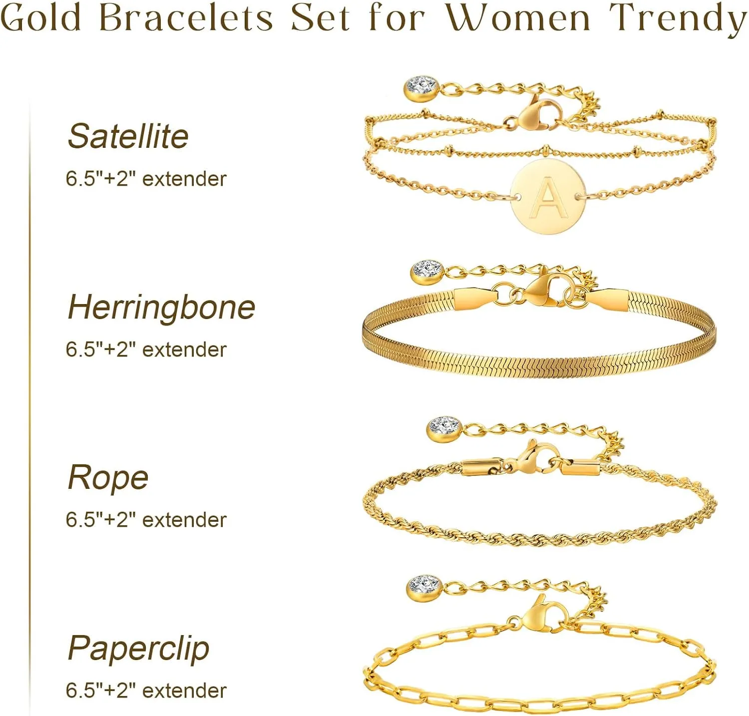 KSF Gold Bracelets for Women Stack - 14K Gold Plated Stackable Bracelets for Women Trendy Initial Bracelet Set Stack Cuban Link Paperclip Chain Jewelry Gifts