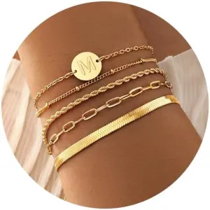 KSF Gold Bracelets for Women Stack - 14K Gold Plated Stackable Bracelets for Women Trendy Initial Bracelet Set Stack Cuban Link Paperclip Chain Jewelry Gifts