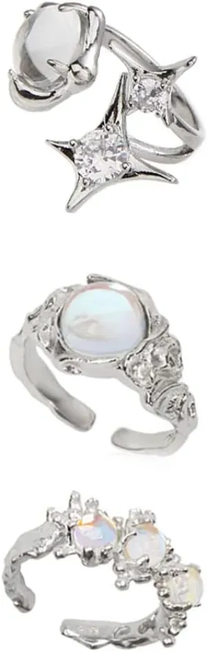 KURTCB Y2k Rings Set Carnelian Rings Irregular Agate Opal Moonstone Bud Flower Star Finger Rings Opening Adjustable Rings for Women