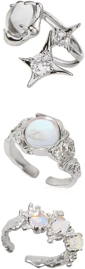 KURTCB Y2k Rings Set Carnelian Rings Irregular Agate Opal Moonstone Bud Flower Star Finger Rings Opening Adjustable Rings for Women