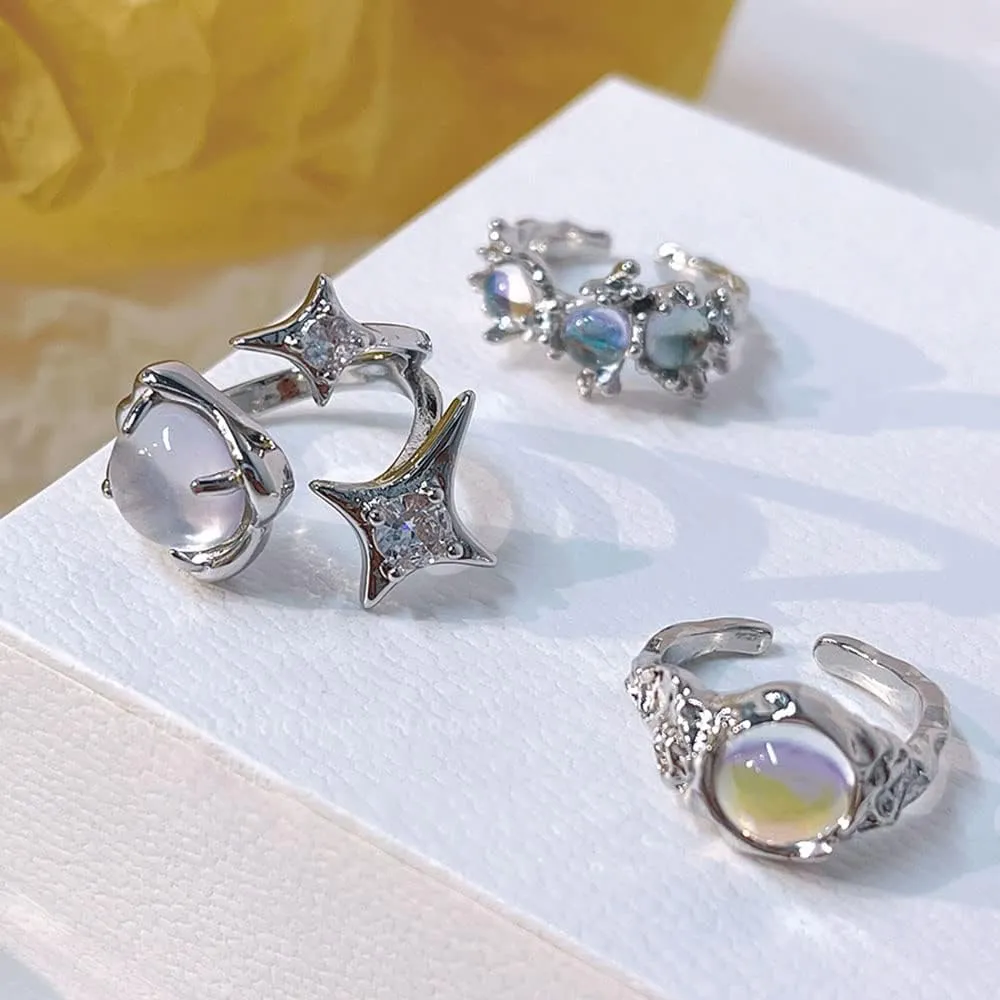 KURTCB Y2k Rings Set Carnelian Rings Irregular Agate Opal Moonstone Bud Flower Star Finger Rings Opening Adjustable Rings for Women