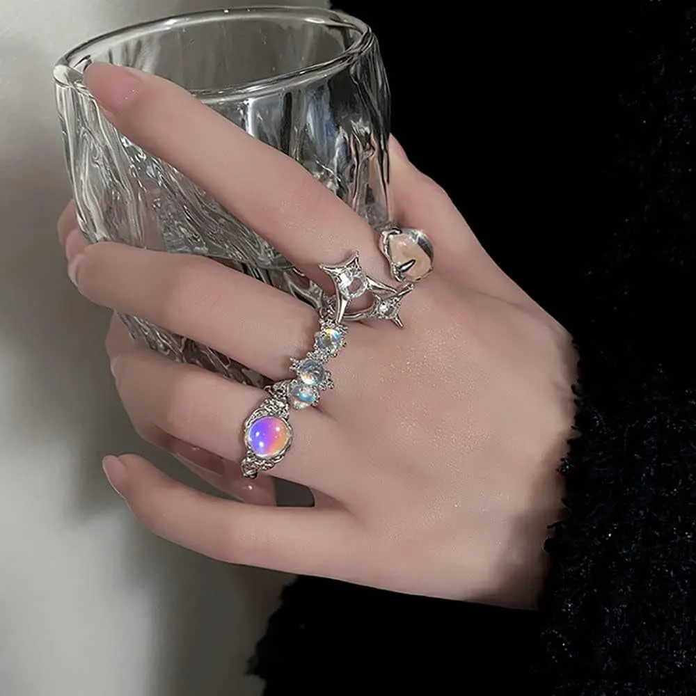 KURTCB Y2k Rings Set Carnelian Rings Irregular Agate Opal Moonstone Bud Flower Star Finger Rings Opening Adjustable Rings for Women